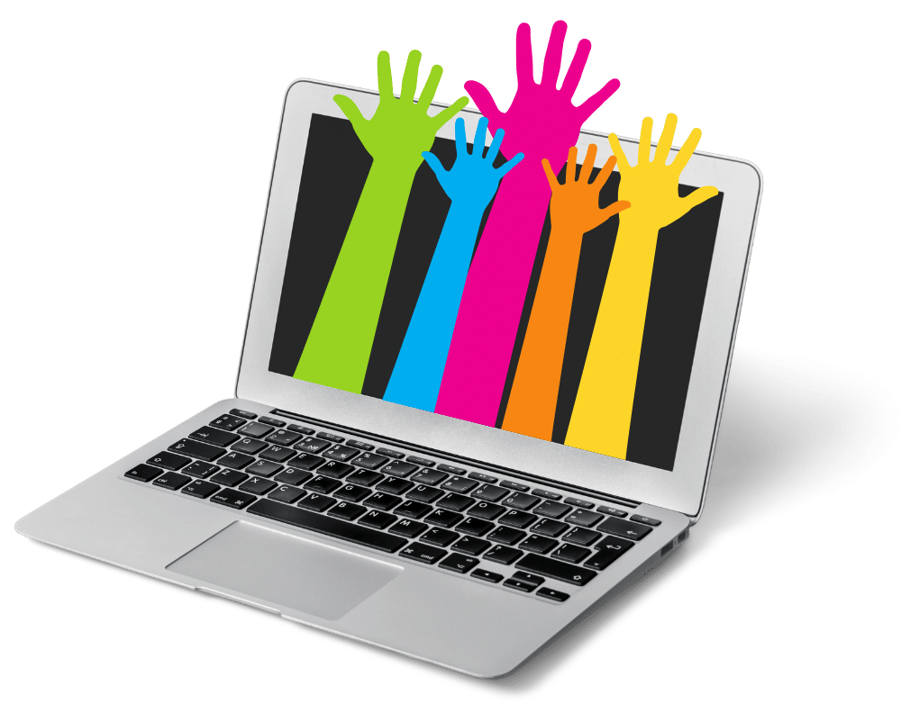 computer with colorfull hands