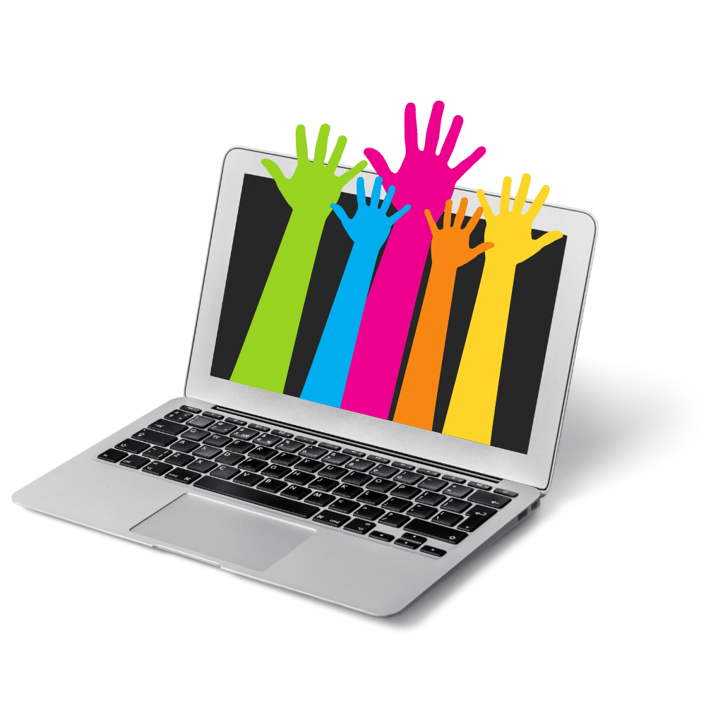 computer with colorfull hands